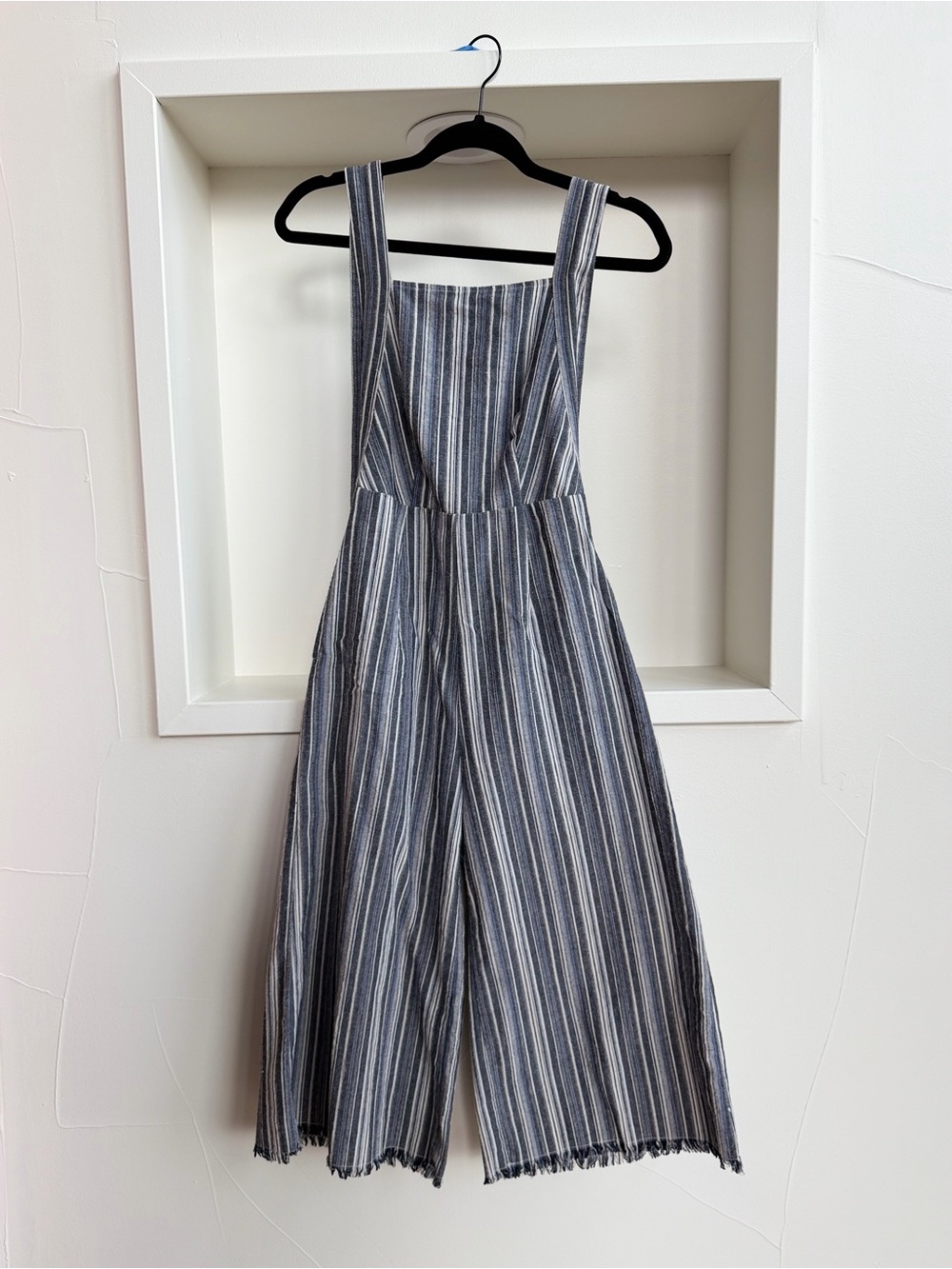Striped Wide-Leg Jumpsuit with Pinafore Straps - Blue/Gray